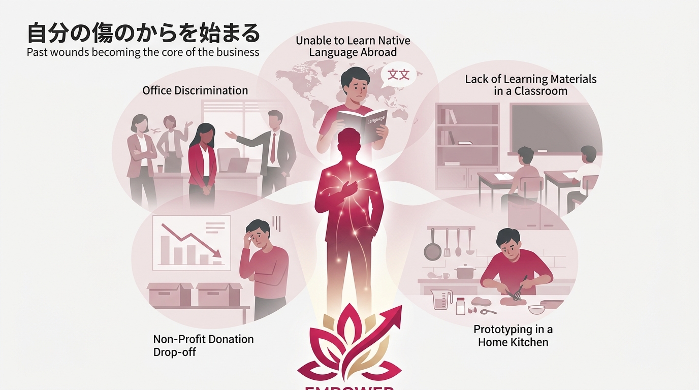「自分の傷から始まってる」を表現する概念イラスト。中央に1人の起業家のシルエット、その背後に過去の経験(オフィスでの差別/海外で母語が学べない/教室で教材不足/非営利の寄付離脱/自宅キッチンの試作)の5つの場面が薄く重なり合って配置。前景では現在の事業ロゴが立ち上がる構図。「過去の傷が事業の核になる」というメッセージを視覚化。白背景#F5F5F5、ローズ#c2185b基調