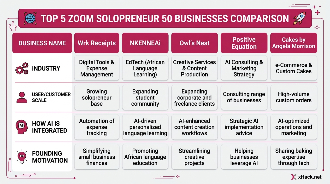 Five-column comparison table for the top 5 Zoom Solopreneur 50 businesses. Columns: Wrk Receipts, NK