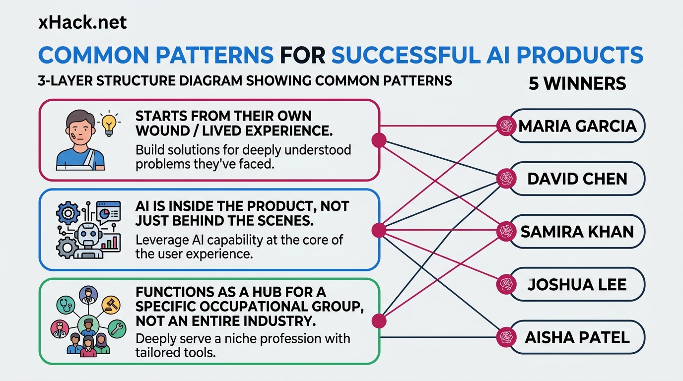 Three-tier structure diagram showing the three common patterns across all 5 winners. Top tier: "Star