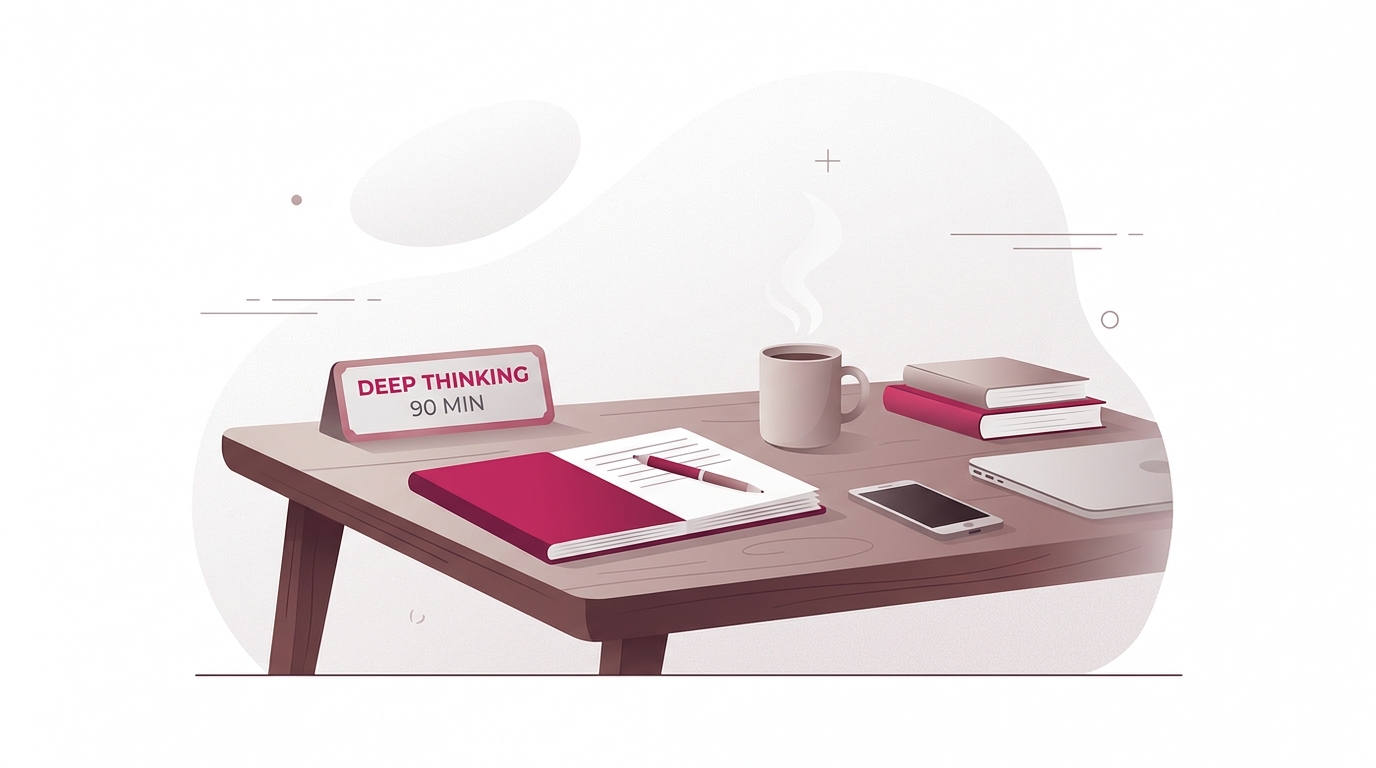 ひとり社長が机に向かい、ノートとペンだけで90分の「Deep Thinking」セッションをしている抽象的ビジネスシーン。机の上にはペーパー、コーヒー、本。スマホは伏せられ、PCは閉じられている。意図的にAIから離れる時間を象徴する概念イラスト