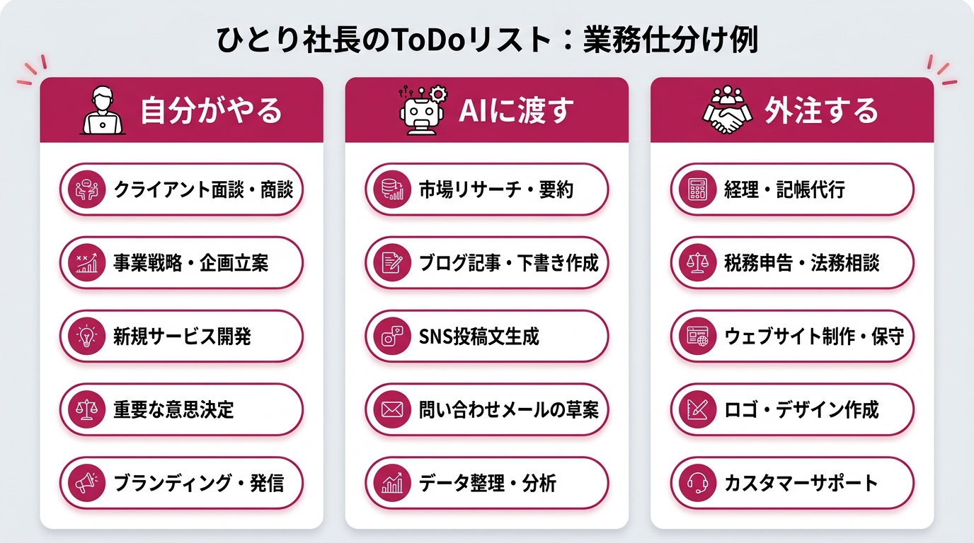 「自分がやる」「AIに渡す」「外注」の3列フォーマットで書かれたTodoリストの例。各列にひとり社長の典型タスク（クライアント面談・リサーチ要約・経理など）が入っている比較表