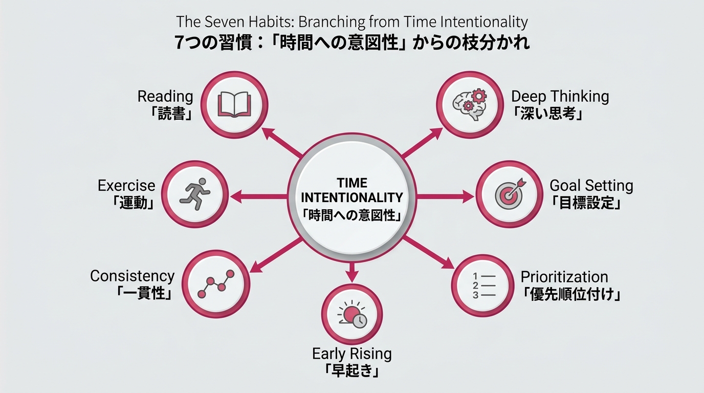 7つの習慣がそれぞれ独立しているように見えるが、すべて「時間への意図性（Time Intentionality）」という1つの土台から枝分かれしている構造図。中心に「Time Intentionality」、そこから7本の枝が「Reading」「Exercise」「Consistency」「Early Rising」「Prioritization」「Goal Setting」「Deep Thinking」へ放射状に伸びる