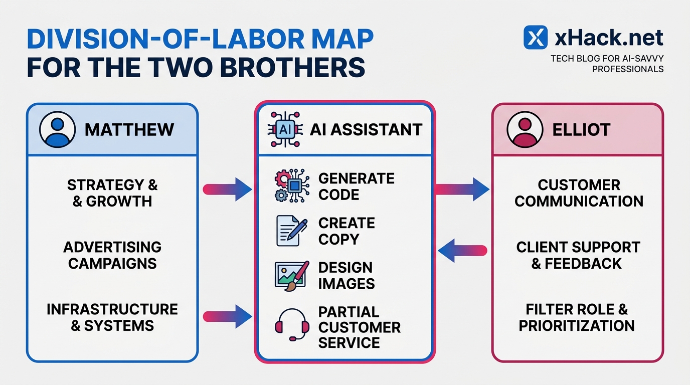 Division-of-labor map for the two brothers. Left: "Matthew (strategy, advertising, infrastructure)."