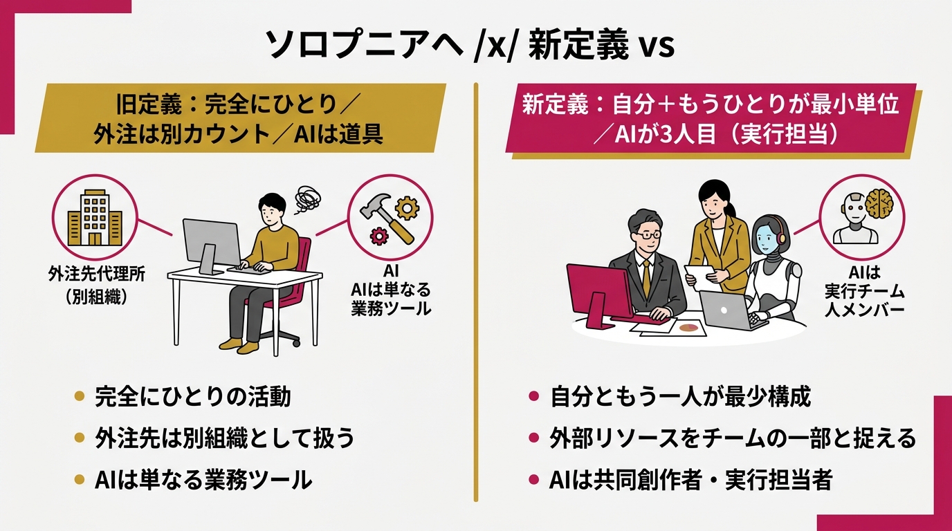 ソロプレナーの定義変遷比較。左カラム「旧定義:完全にひとり/外注は別カウント/AIは道具」、右カラム「新定義:自分+もうひとりが最小単位/AIが3人目(実行担当