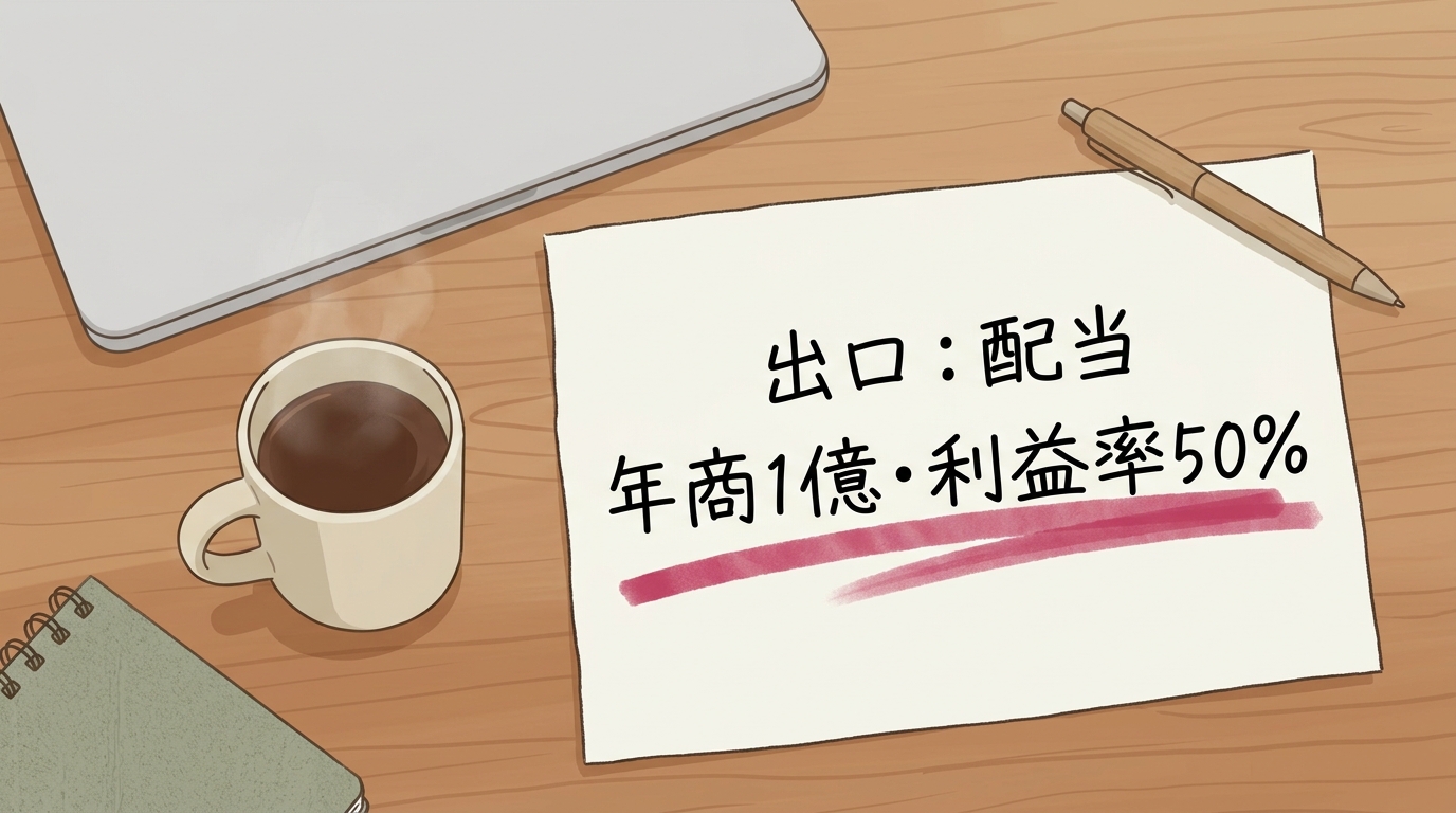 木の机の上に置かれたA5サイズのメモ用紙。手書き文字で「出口: 配当」「年商1億・利益率50%」と書かれ、メモの隅にローズ色のマーカーで下線が引かれている。メモ