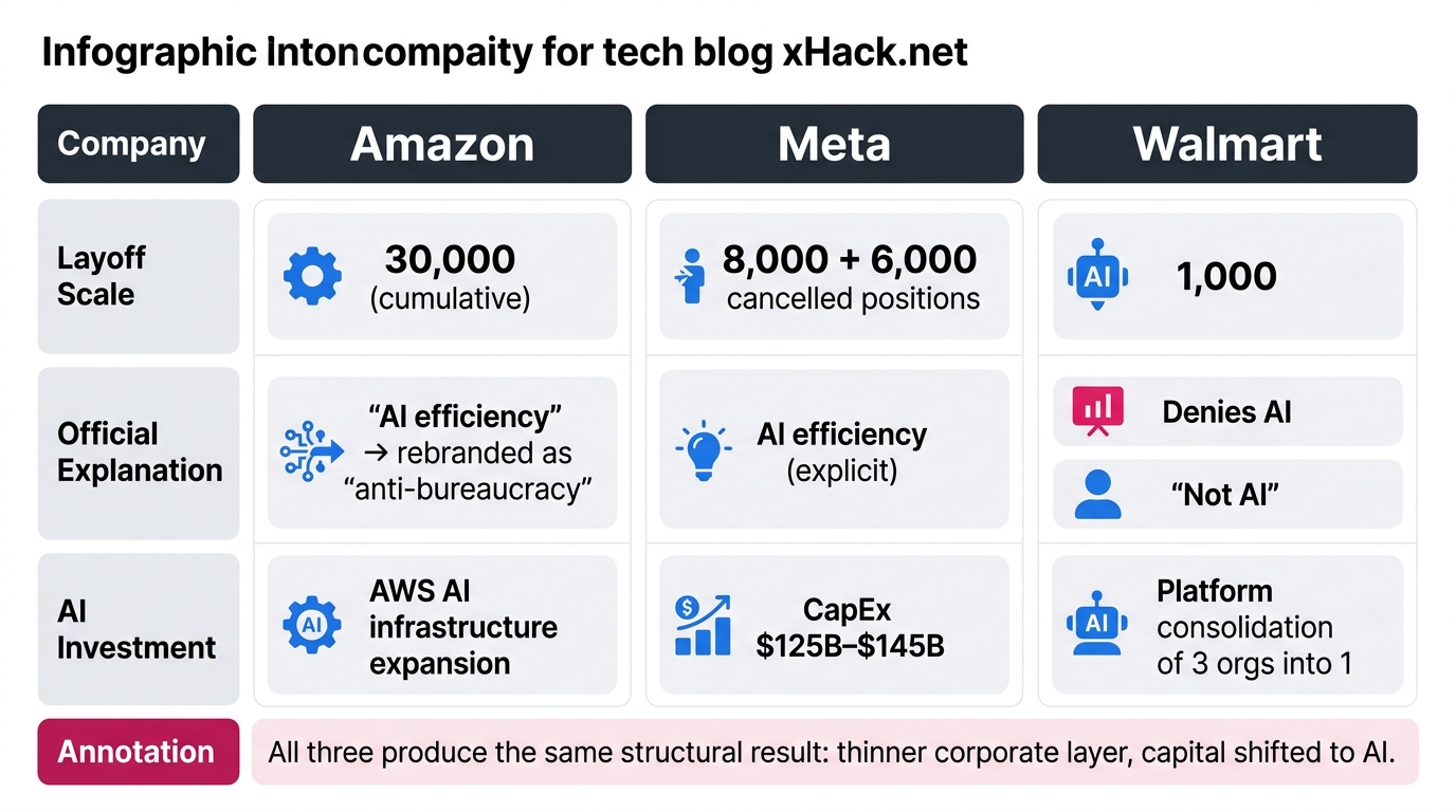 Three-column comparison table for Amazon, Meta, and Walmart. Column headers: Company / Layoff Scale
