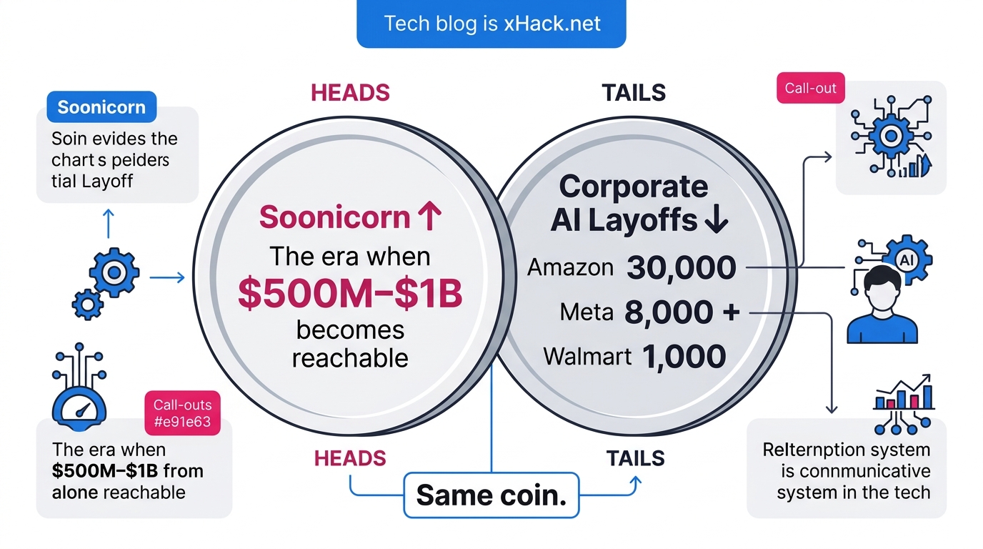 A single coin illustration showing both sides. Heads: "Soonicorn ↑ The era when $500M–$1B becomes re