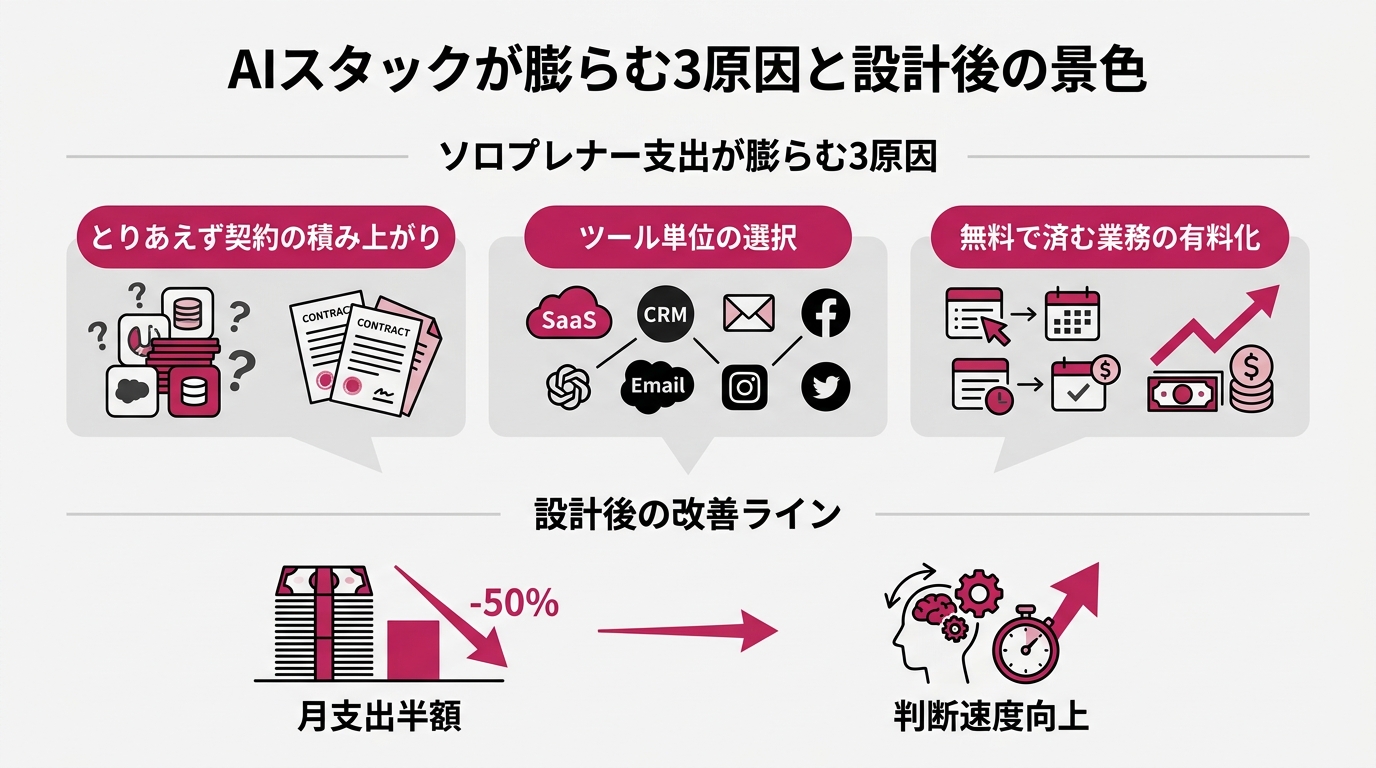 上下2段の比較図。上段「ソロプレナー支出が膨らむ3原因」として左から「とりあえず契約の積み上がり」「ツール単位の選択」「無料で済む業務の有料化」を3つの吹き出し