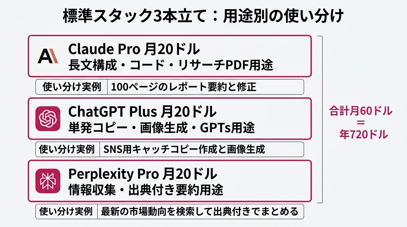 縦3段の標準スタック構成図。上段「Claude Pro 月20ドル」:長文構成・コード・リサーチPDF用途。中段「ChatGPT Plus 月20ドル」:単発コ