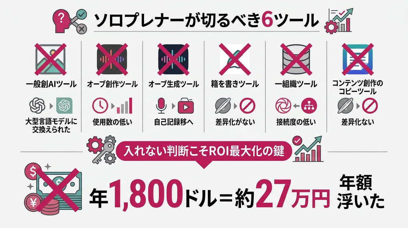 縦2段の整理図。上段「切った6ツール」:Midjourney・Suno・ElevenLabs・Jasper・Notion AI・Copy.ai を一列に並べ、各