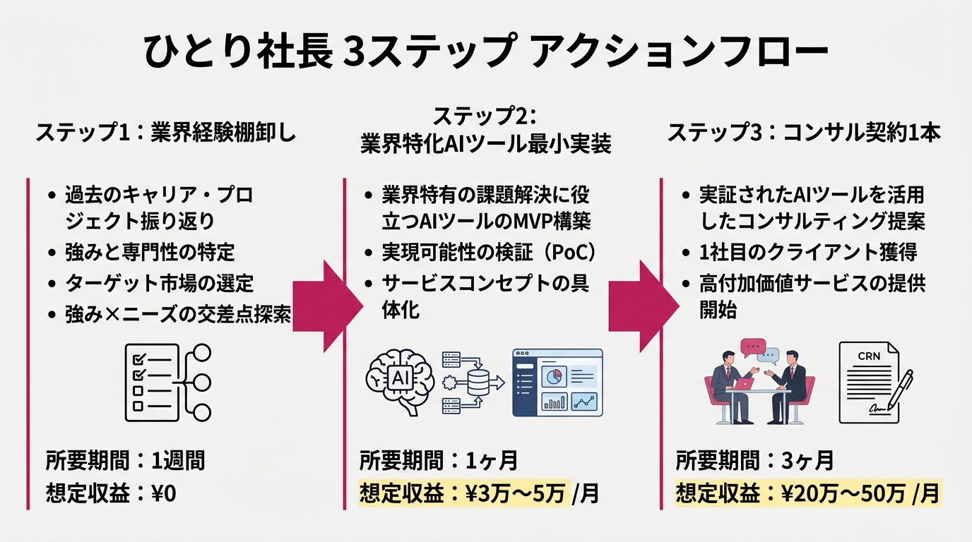 ひとり社長3ステップのアクションフロー