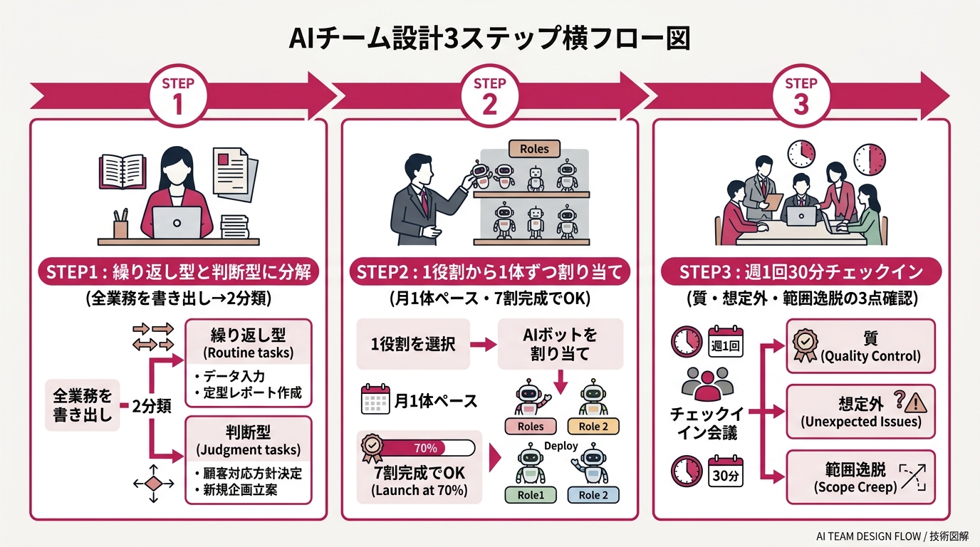 AIチーム設計3ステップを横フローで示す図