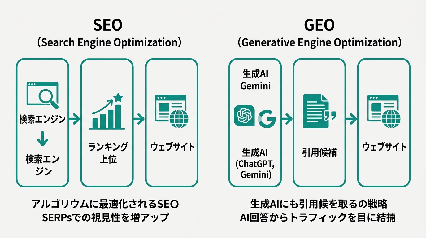 ChatGPT・Gemini・Perplexity（パープレキシティ）の3つのAI検索エンジンからウェブサイトへの流入矢印が異なる太さで伸びているイメージ