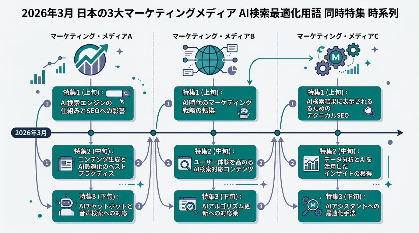 2026年3月に日本の3大マーケティングメディアがAI検索最適化用語を同時に特集した時系列