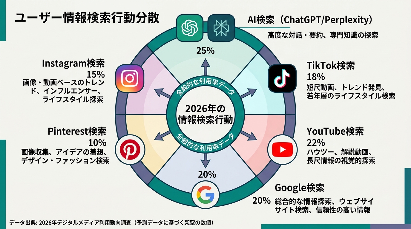 2026年の情報検索行動の分散図。Google検索・TikTok検索・Instagram・Pinterest・YouTube・AI検索（ChatGPT/Perp