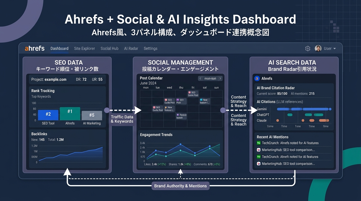 Ahrefsダッシュボードの連携概念図。左パネルにSEOデータ（キーワード順位・被リンク数）、中央にSNS管理画面（投稿カレンダー・エンゲージメント推移）、右パ
