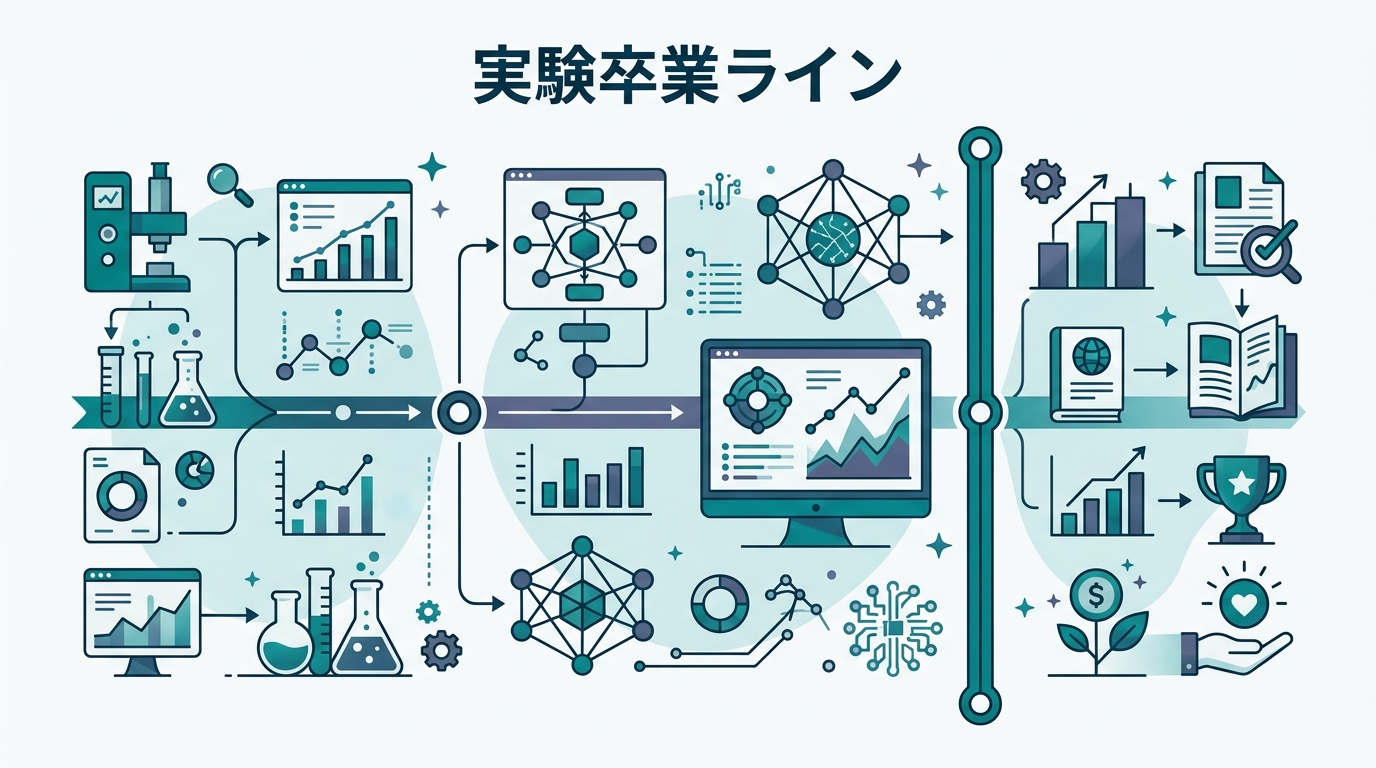 「実験卒業ライン」3条件の判定フローチャート。条件1→条件2→条件3を順に確認し、全クリアなら「卒業OK」、1つでもNGなら該当ステップに戻る流れ
