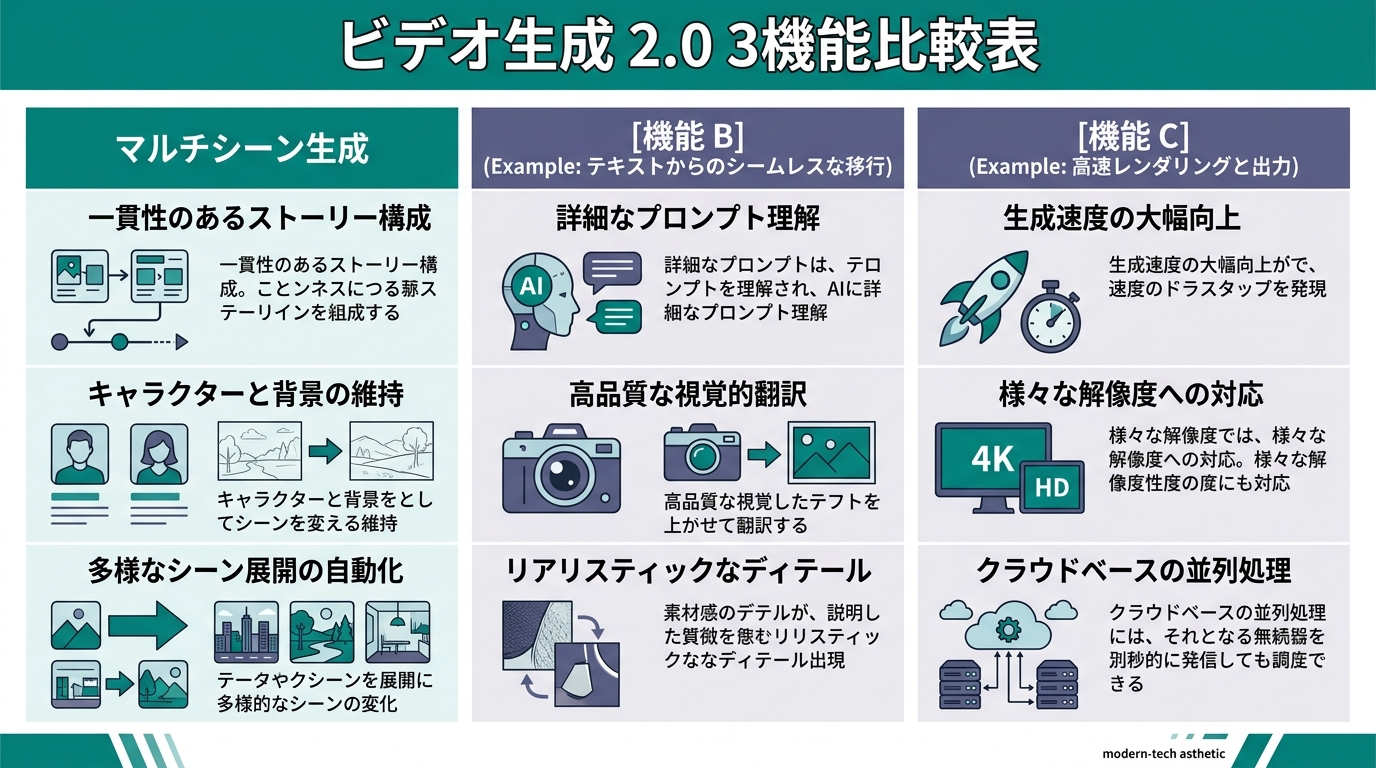 Video Generation 2.0の3機能比較表。左列に「マルチシーン生成」「ダイナミックテキスト」「スマートクロッピング」、右列に従来の手作業（撮影チー