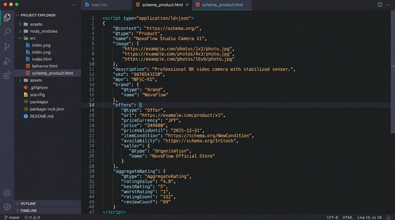 Implementation example of Product Schema in JSON-LD format. Each field—name, price, availability, aggregateRating—shown in a clear layout
