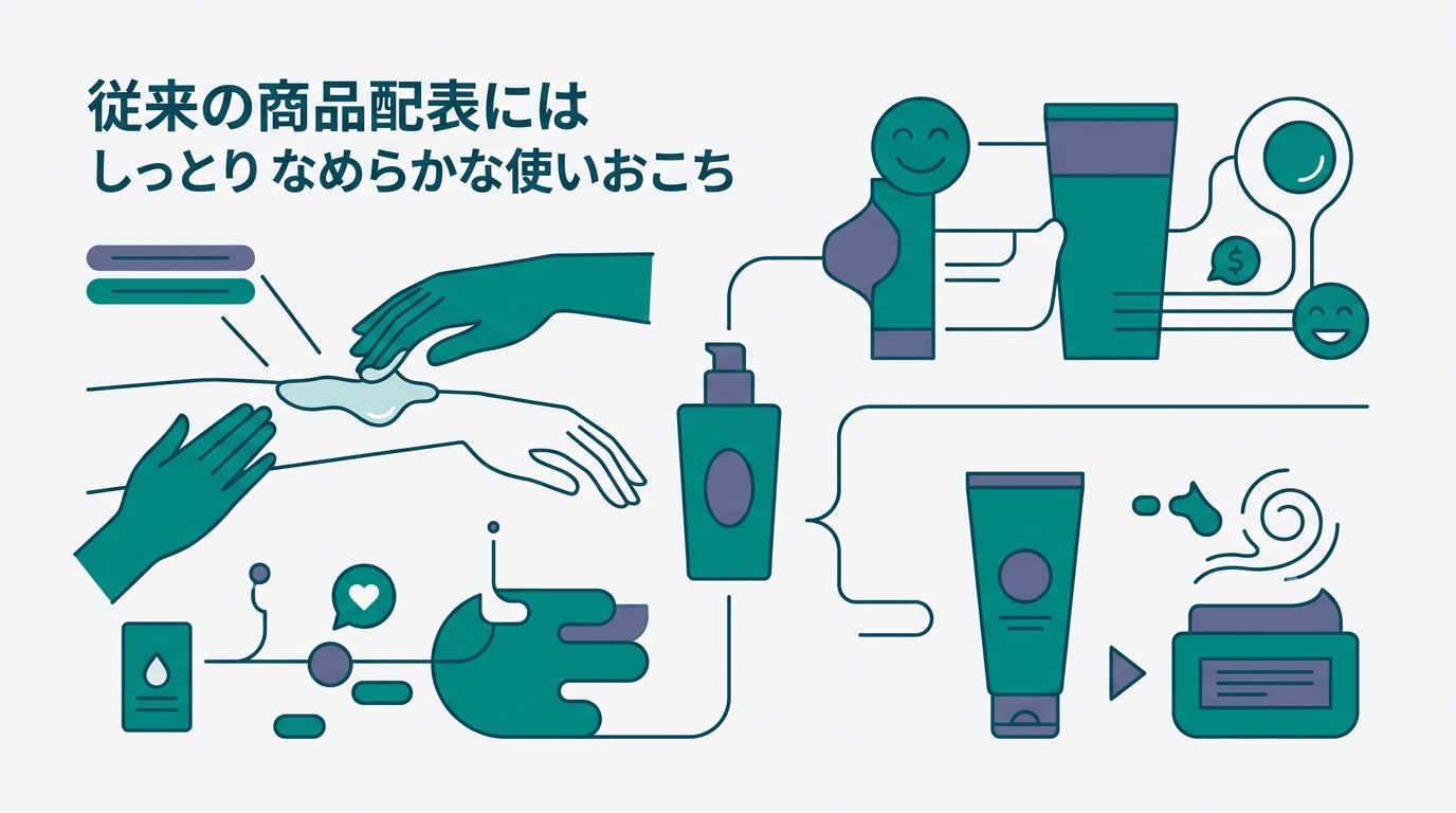 B comparison between traditional product description (emotional appeal type: "smooth and moist feel") and Agentic Commerce-ready description (condition-explicit type: "for dry skin / fragrance-free / under 3,000 yen")