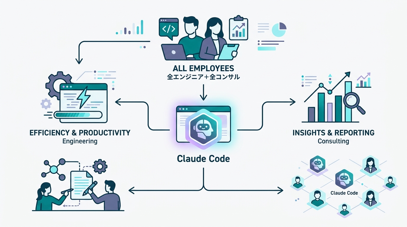 ARIのClaude Code導入の概要図。「対象: 全エンジニア+全コンサル」「ツール: Claude Code」「目的: 開発生産性・提案品質の向上」を3カ