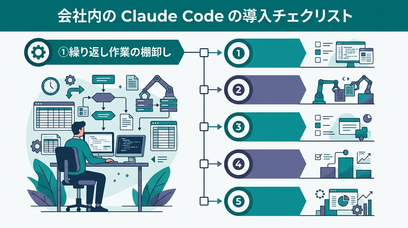 自社Claude Code導入判断の5基準チェックリスト。「①繰り返し作業の棚卸し」「②AI利用セキュリティポリシー整備」「③スキル差への対応策」「④人件費ベー