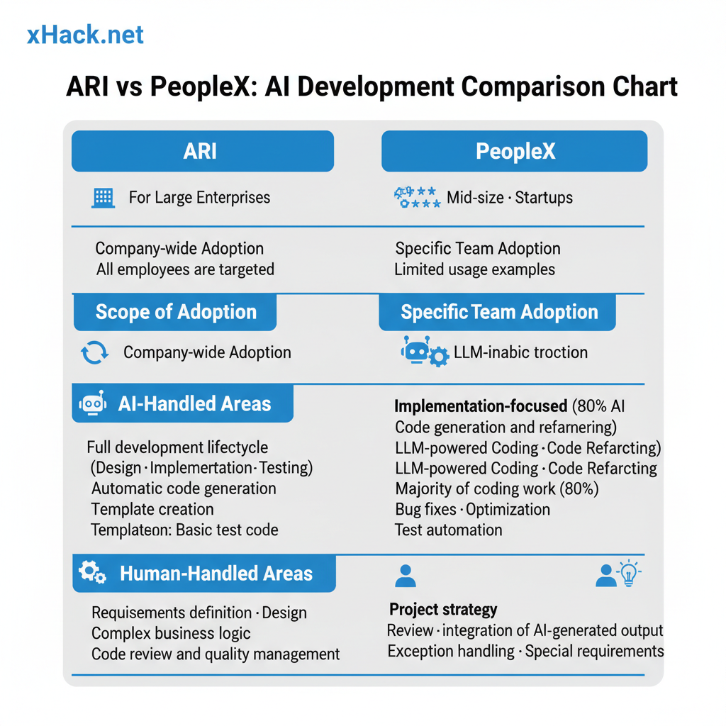 Comparison table of ARI (company-wide Claude Code deployment) and PeopleX (80% AI development). Four axes: company scale, deployment scope, AI-handled areas, human-handled areas