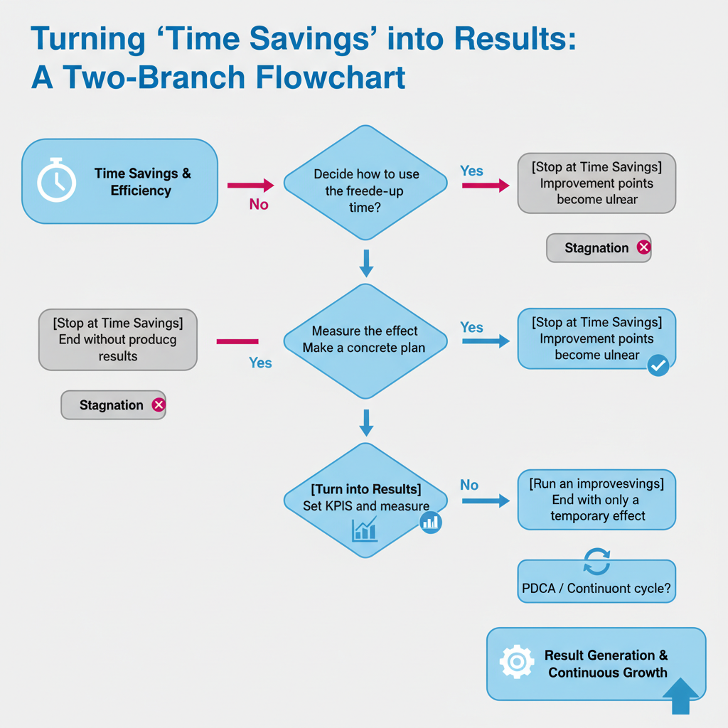 Flowchart contrasting "stops at time savings" and "converts to results." Stages: time savings → decide what to do with freed time → measure impact in numbers → run improvement cycles. Each stage shows where organizations "stop"