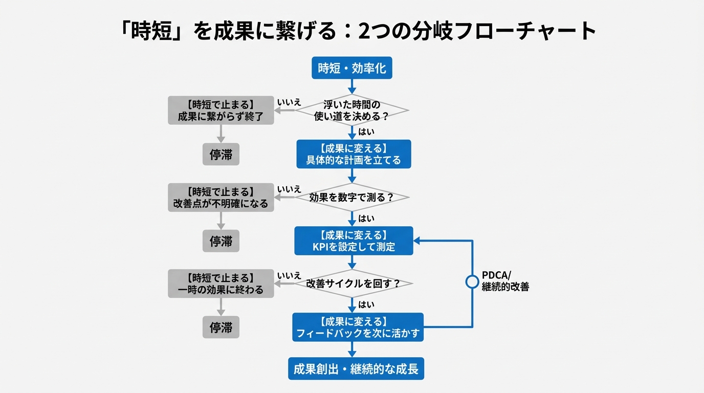 「時短で止まる」パターンと「成果に変える」パターンのフローチャート。時短→浮いた時間の使い道を決める→効果を数字で測る→改善サイクルを回す、の各段階で「止まる」