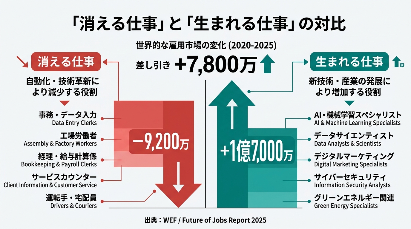 「消える仕事」と「生まれる仕事」の対比を示すデータグラフィック。左に「−9,200万」（赤系・下向き矢印）、右に「＋1億7,000万」（ディープシアン・上向き矢