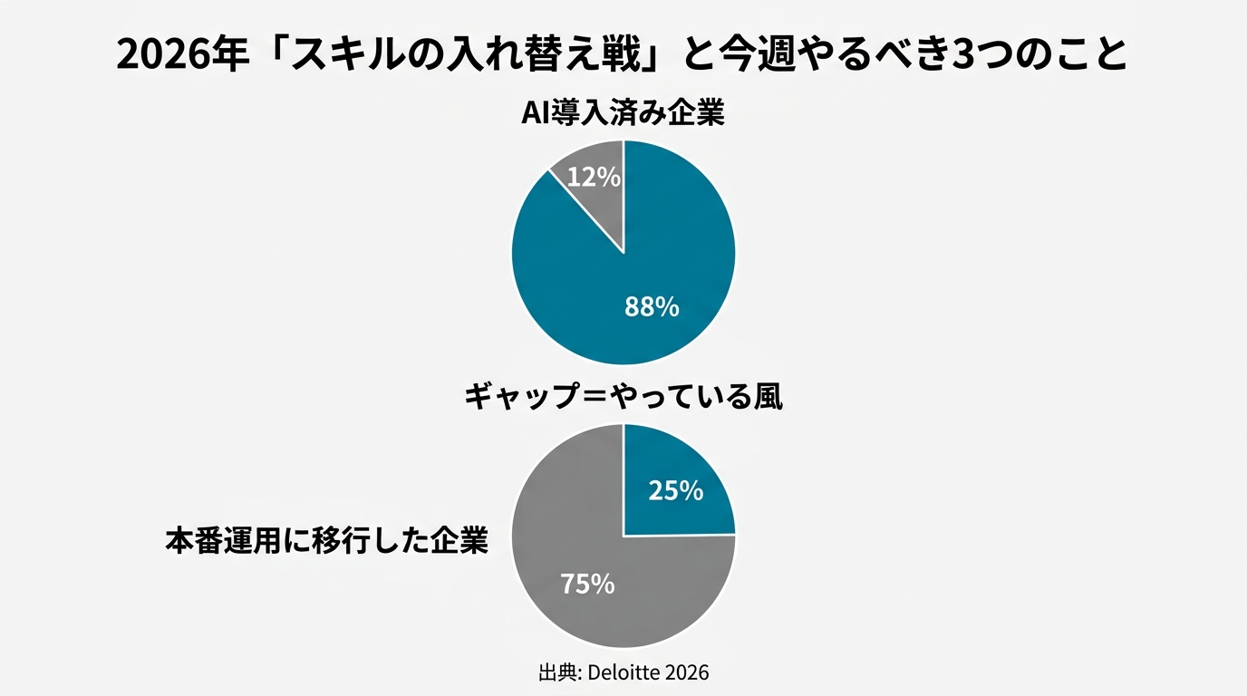「導入率88%」と「本番移行25%」のギャップを示す図解。上段に大きな円グラフ（88%塗りつぶし）で「AI導入済み企業」、下段に小さな円グラフ（25%塗りつぶし