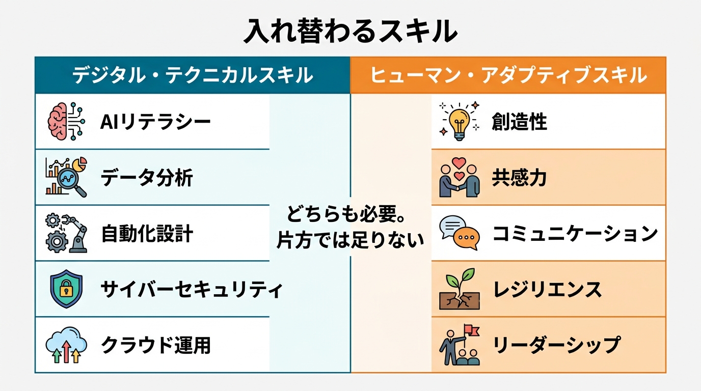 「入れ替わるスキル」の2カテゴリを示す比較図。左列「デジタル・テクニカルスキル」にAIリテラシー・データ分析・自動化設計・サイバーセキュリティ・クラウド運用の5