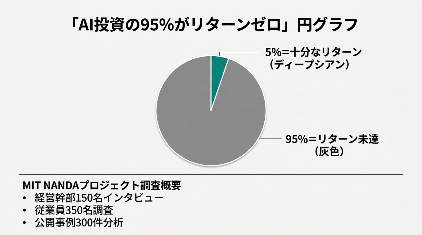 「AI投資の95%がリターンゼロ」円グラフ。5%=十分なリターン（ディープシアン）、95%=リターン未達（灰色）。下部にMIT NANDAプロジェクト調査概要「