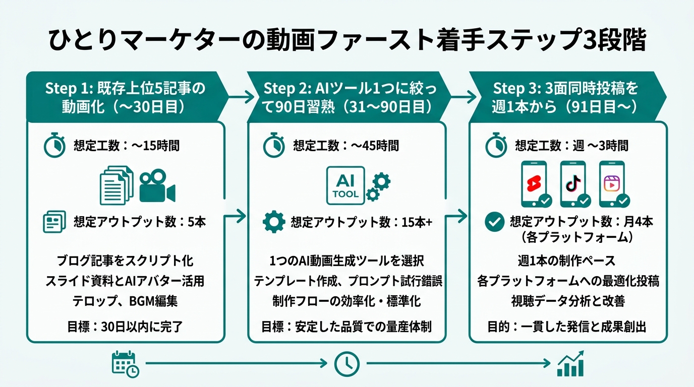 ひとりマーケターの動画ファースト着手ステップ3段階を時系列フローで表現。Step1「既存上位5記事の動画化（〜30日目）」、Step2「AIツール1つに絞って9