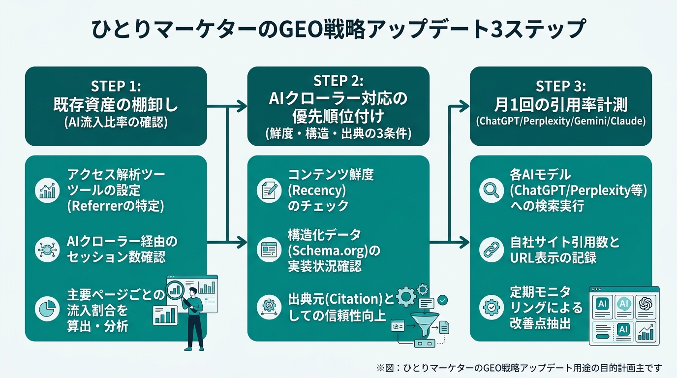 ひとりマーケターのGEO戦略アップデート3ステップを示すフローチャート。Step1「既存資産の棚卸し（AI流入比率の確認）」、Step2「AIクローラー対応の優