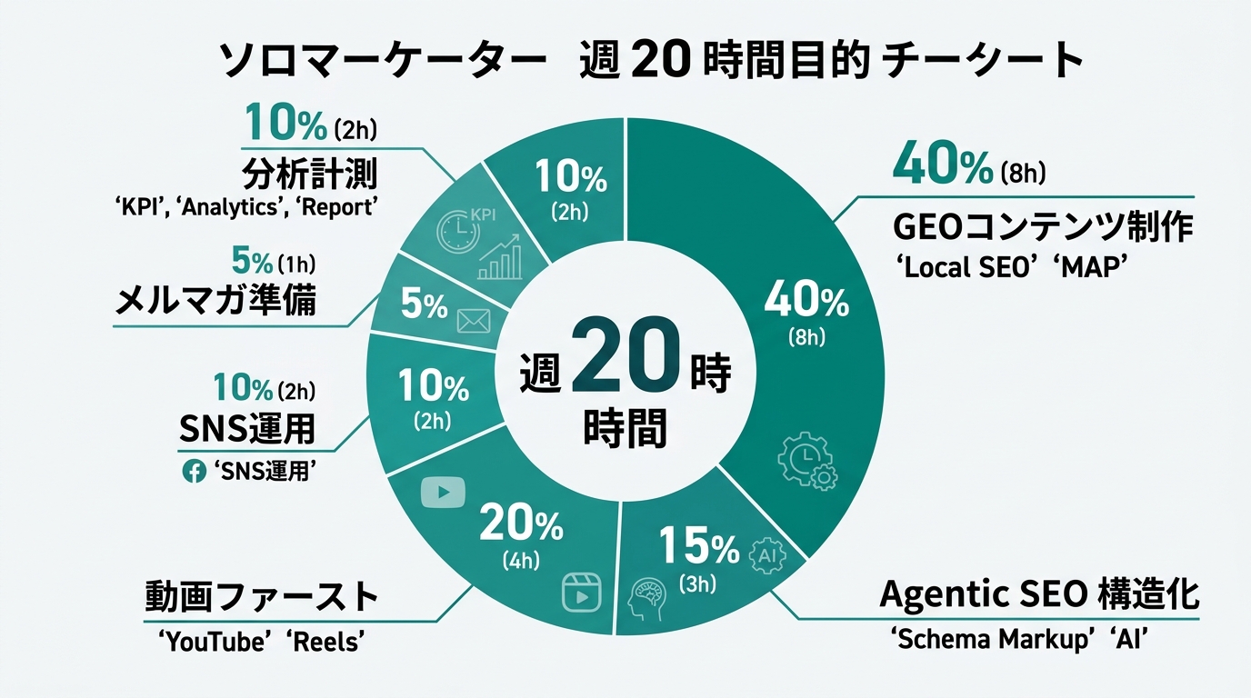 ひとりマーケターの週次20時間配分を円グラフで可視化。GEOコンテンツ制作40%（8h）、Agentic SEO構造化15%（3h）、動画ファースト20%（4h