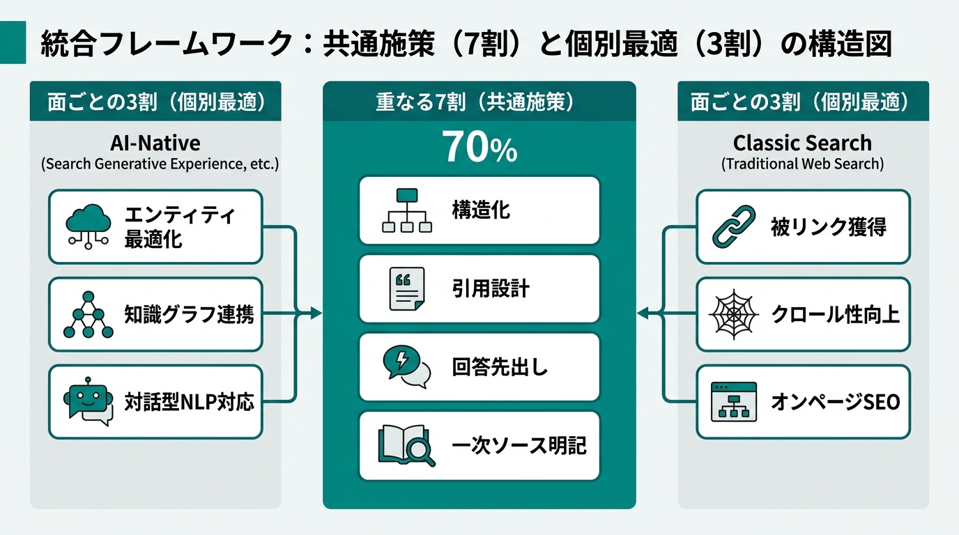 中央に「重なる7割（共通施策）」、両側に「面ごとの3割（個別最適）」が配置された統合フレームの構造図。共通施策エリアには「構造化」「引用設計」「回答先出し」「一