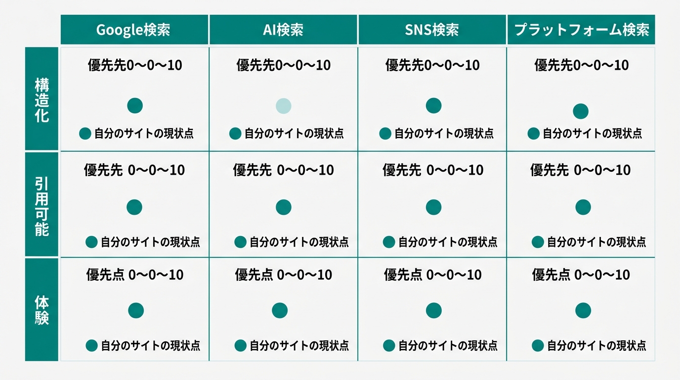 4列×3行のマトリクス図。横軸に「Google検索」「AI検索」「SNS検索」「プラットフォーム検索」の4面、縦軸に「構造化」「引用可能」「体験」の3レイヤー。