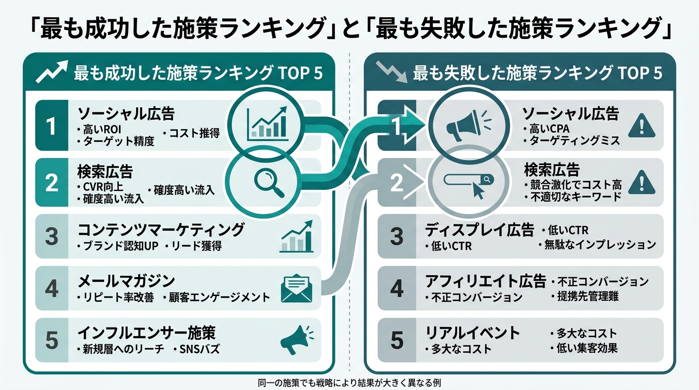 「最も成功した施策ランキング」と「最も失敗した施策ランキング」を左右に並べた比較図。両ランキングの上位2位にソーシャル広告と検索広告が共通して登場している様子を