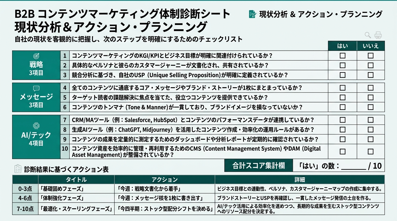 10項目のチェックボックスが3レイヤー(戦略・メッセージ・AI/テック)に分かれた診断シート。各項目に「はい/いいえ」のチェック欄。最下部にスコア集計欄と3段判