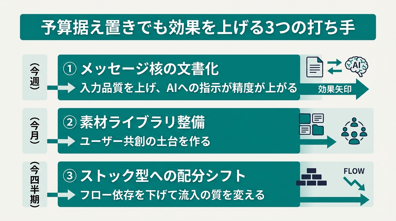 「予算据え置きでも効果を上げる3つの打ち手」を縦に並べた一覧図。①メッセージ核の文書化(今週)→ 入力品質を上げ、AIへの指示が精度が上がる、②素材ライブラリ整