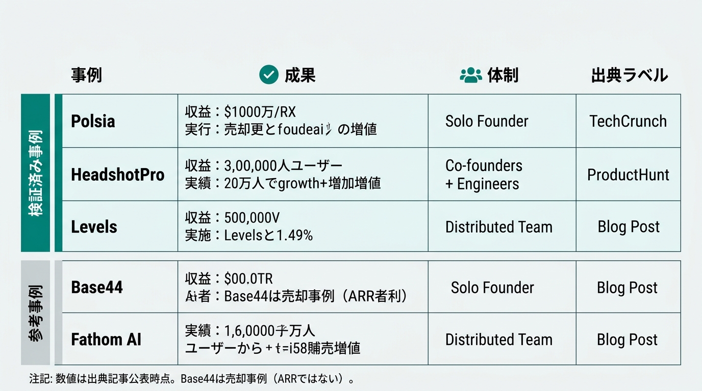5事例を2グループに分けた比較表。上段「検証済み事例」に Polsia / HeadshotPro / Levels の3行、下段「参考事例」に Base44 