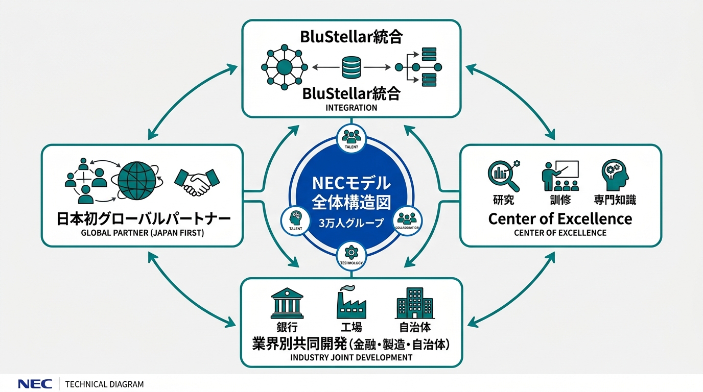 NECモデルの全体構造図。中央に「3万人グループ」、放射状に「BluStellar統合」「Center of Excellence」「業界別共同開発(金融・製造