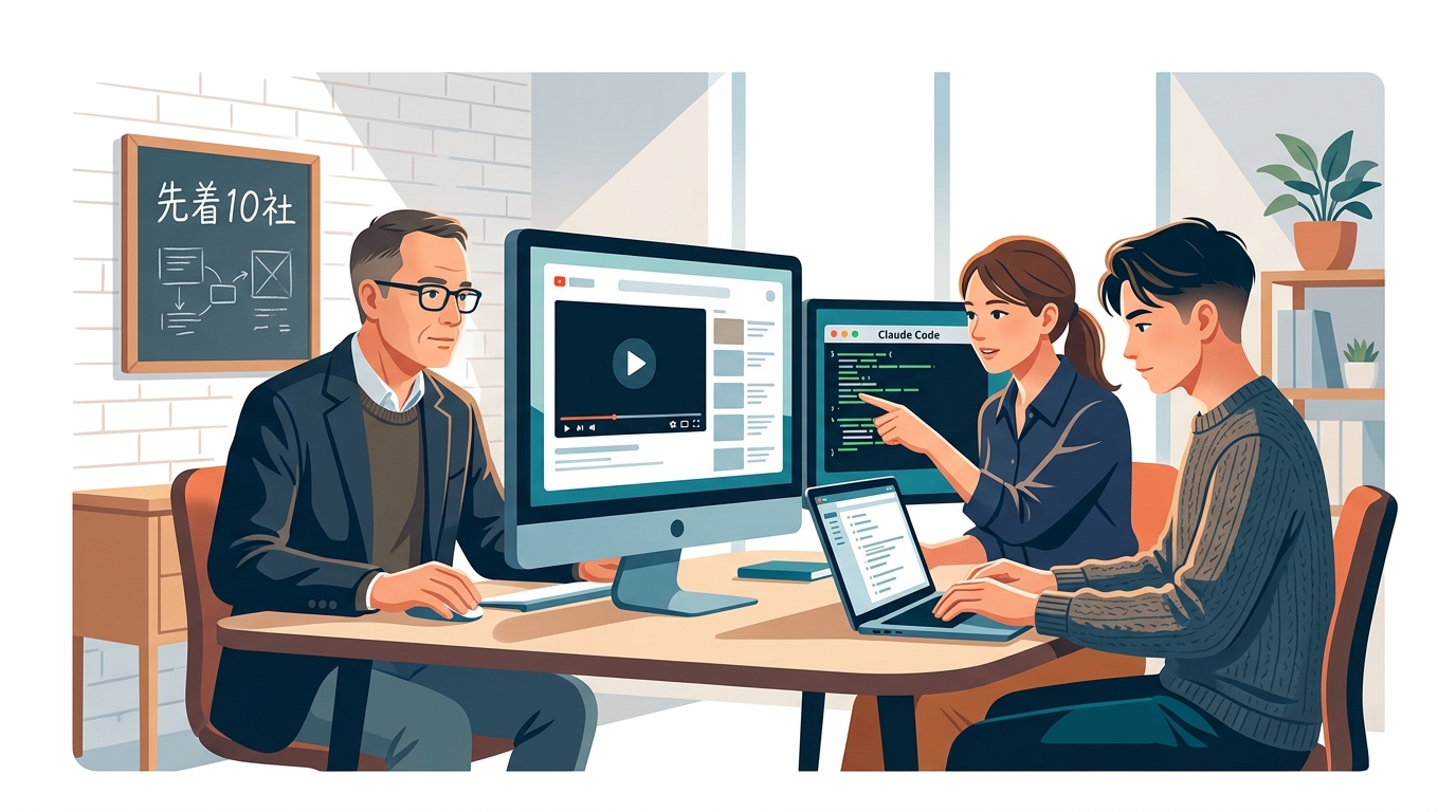中小企業のオフィス。3人の社員(経営者・現場リーダー・若手)が同じスクリーンで動画研修を視聴し、横にClaude Codeのターミナル画面を開いて手を動かしてい
