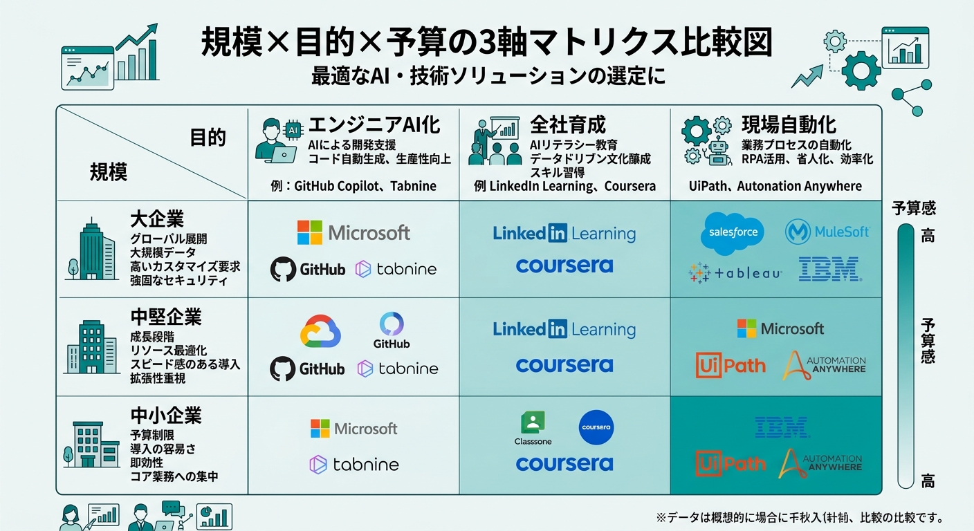 規模×目的×予算の3軸マトリクス。縦軸に規模(大・中堅・中小)、横軸に目的(エンジニアAI化・全社育成・現場自動化)、各セルに該当する3社のロゴ位置を配置した1
