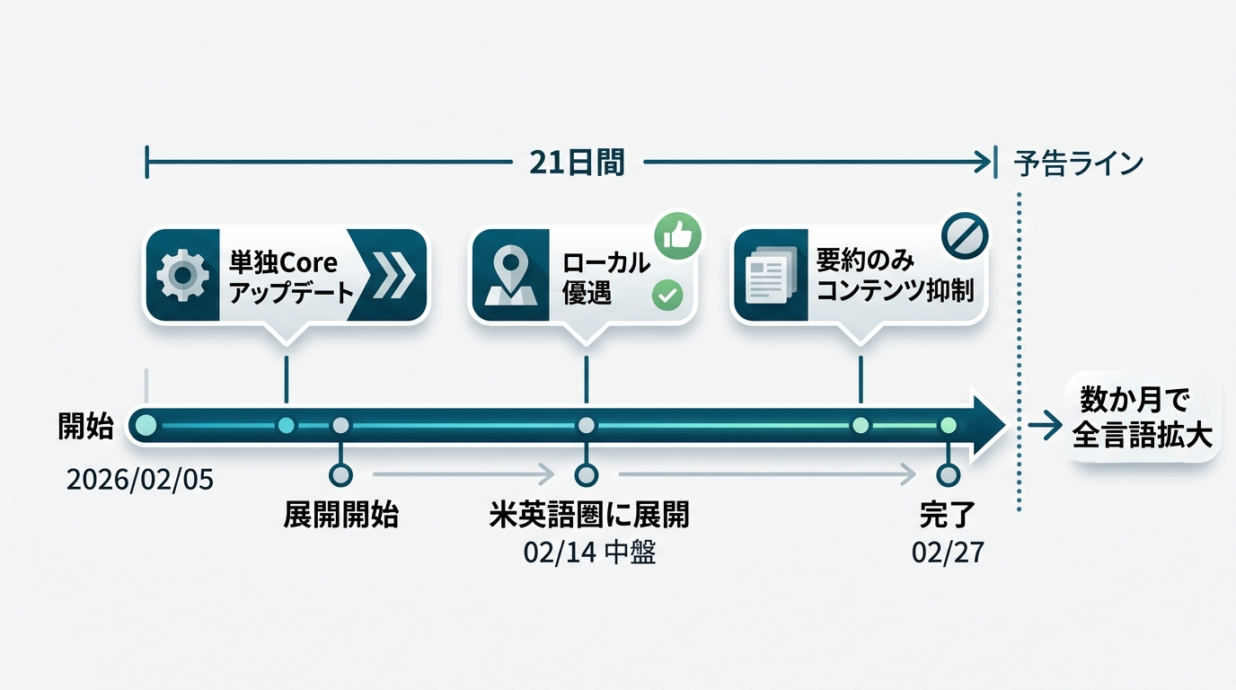 タイムライン図。横軸: 2026/02/05 開始 → 02/14 中盤（米英語圏に展開）→ 02/27 完了（21日間）→ 「数か月で全言語拡大」の予告ライン