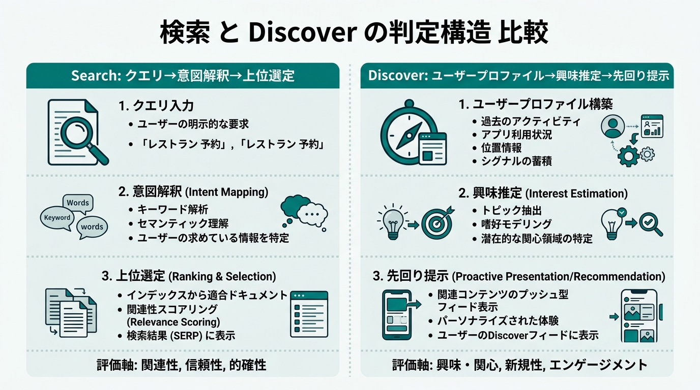 検索とDiscoverの判定構造比較。左カラム=「Search: クエリ→意図解釈→上位選定」、右カラム=「Discover: ユーザープロファイル→興味推定→