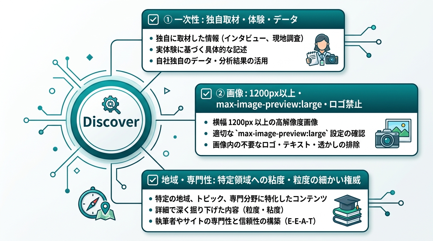 Discover3原則のチェックリスト構造図。中央に「Discover」、放射状に「①一次性: 独自取材・体験・データ」「②画像: 1200px以上・max-i