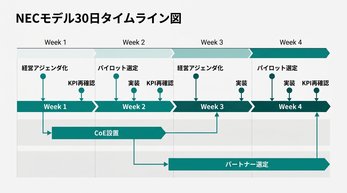 NECモデル30日タイムライン図。横軸にWeek 1〜4、各週ごとに「経営アジェンダ化」「パイロット選定」「実装」「KPI再確認」のマイルストーンを配置。CoE