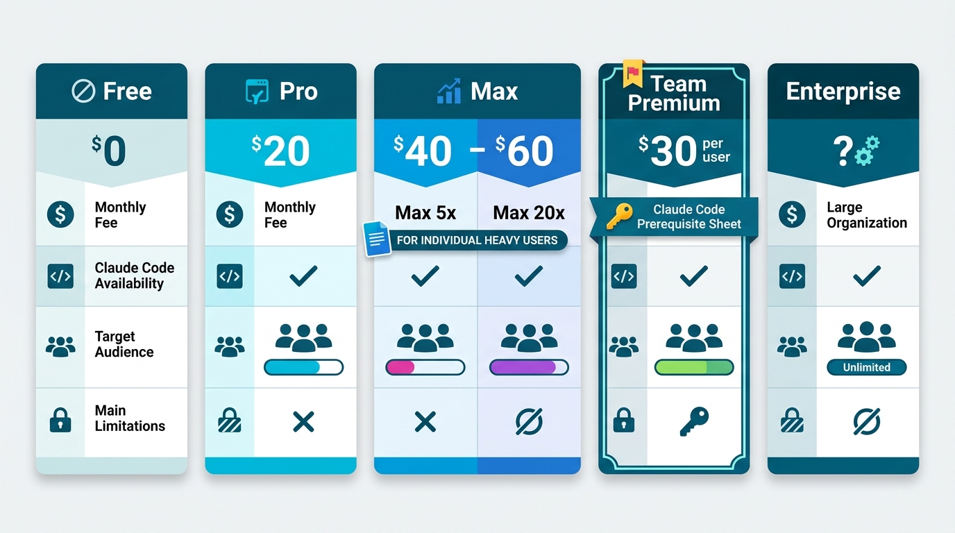5プラン横並び比較表。Free・Pro・Max 5x・Max 20x・Team Premium・Enterpriseの順に縦カード形式で並べる。各カードに「月額